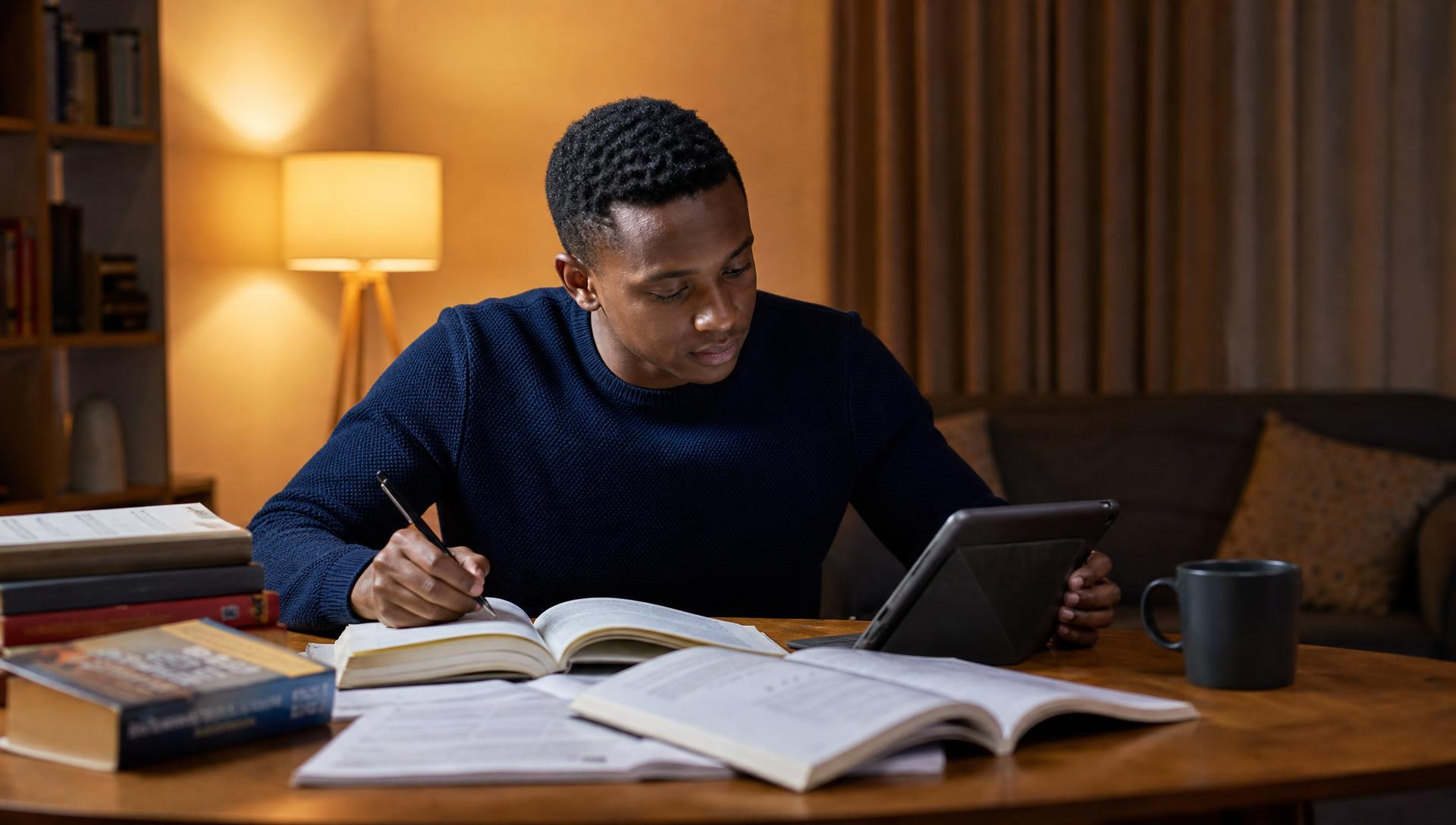 Young man revising with textbooks and a tablet