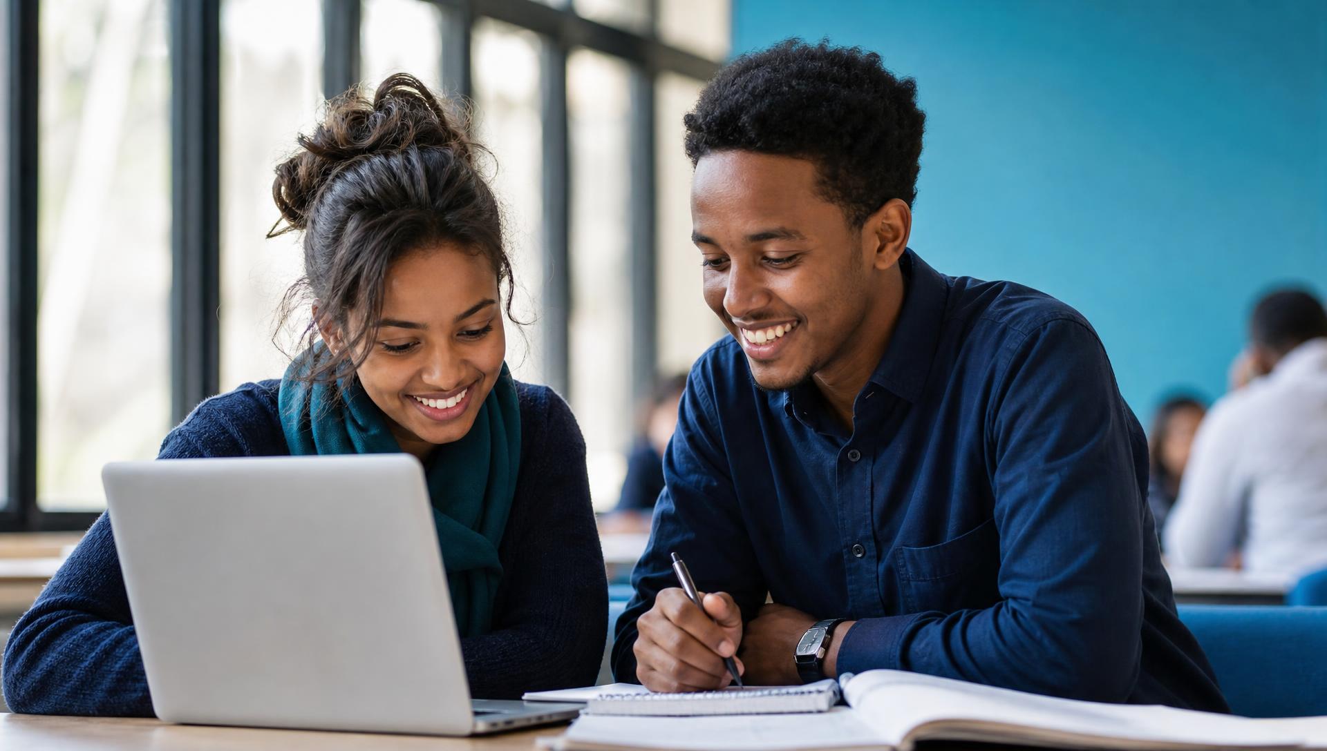 Two students collaborating over a laptop and notes